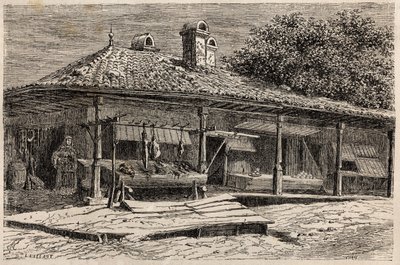 Una macelleria e una panetteria a Bucarest (Romania). Incisione per illustrare il viaggio da Parigi a Bucarest di Lancelot, disegnatore, nel 1860, in "Le tour du monde, nouveau journal des voyages", pubblicato sotto la direzione di Edouard Charton. da Dieudonne Auguste Lancelot