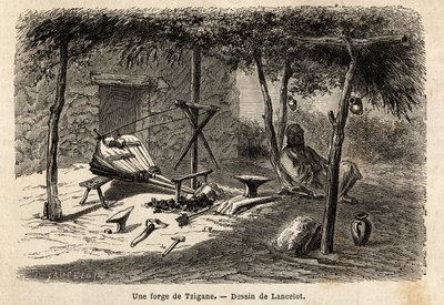 Una fucina zingara nella regione della Valacchia, Romania. Incisione per illustrare il viaggio da Parigi a Bucarest, di Lancelot, disegnatore, nel 1860, pubblicato in "Le tour du monde, nouveau journal des voyages", a cura di Edouard Charton da Dieudonne Auguste Lancelot