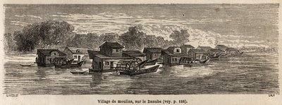 Un villaggio di mulini sul Danubio, disegno di Lancelot per illustrare il viaggio di Victor Duruy da Parigi a Bucarest nel 1860. Incisione in "Le tour du monde", a cura di Edouard Charton da Dieudonne Auguste Lancelot