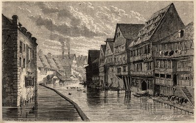 Vecchie concerie a Ulm. Disegno di Lancelot per illustrare il viaggio di Victor Duruy da Parigi a Bucarest nel 1860. Incisione in "Le tour du monde", a cura di Edouard Charton da Dieudonne Auguste Lancelot