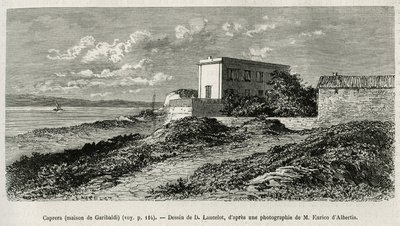 La casa di Giuseppe Garibaldi (1807-1882) a La Caprera (Sardegna), inciso da un disegno di D.Lancelot, per illustrare la storia della Siria di oggi, di Mr.Lortet, decano della Facoltà di Medicina di Lione, incaricato di una missione scientifica dal Ministe da Dieudonne Auguste Lancelot