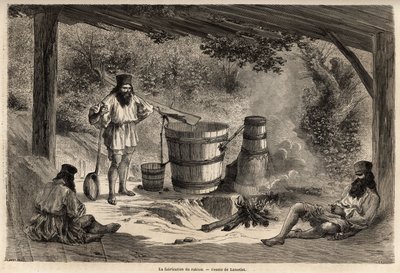 La fabbricazione del rakiou, alcol di cereali, una sorta di schnapps molto comune in Romania. Incisione per illustrare il viaggio da Parigi a Bucarest, di Lancelot, disegnatore, nel 1860, pubblicato in "Le tour du monde, nouveau journal des voyages", sotto da Dieudonne Auguste Lancelot