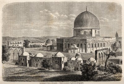 La moschea di Omar, costruita nel 691 a Gerusalemme, disegno di Lancelot per illustrare il viaggio di Mr. Bida in Palestina nel 1856. Incisione in "Le tour du monde, nouveau journal des voyages" Parigi da Dieudonne Auguste Lancelot