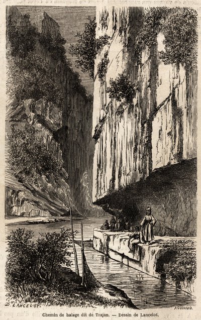 Il sentiero di traino sulle rive del Danubio, scavato nella parete rocciosa, chiamato anche il sentiero di Traiano da Dieudonne Auguste Lancelot