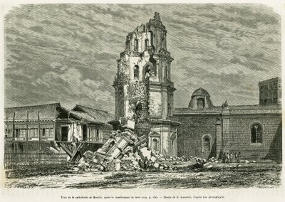 Torre della Cattedrale di Manila, dopo il terremoto del 18 luglio 1880. Incisione di Lancelot per illustrare la storia Lucon e Palaouan, sei anni nelle Filippine, di Alfred Marche da Dieudonne Auguste Lancelot