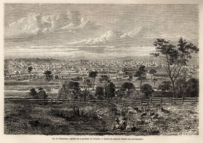 Veduta di Melbourne (Australia), disegno di Lancelot per illustrare i ricordi di un colono francese in Australia, nel 1854-1859, di M. de Castella. Incisione in "Le tour du monde" 1861. Collezione Selva da Dieudonne Auguste Lancelot