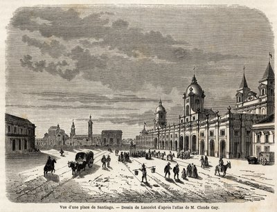 Veduta di una piazza a Santiago (Cile). Disegno di Lancelot per illustrare il viaggio in Sud America, nel 1823, di Giovanni Mastai Ferretti (futuro Pio IX). Incisione in "Le tour du monde, nouveau journal des voyages" da Dieudonne Auguste Lancelot