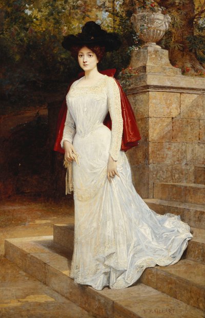 Ritratto di una signora, in piedi a figura intera, con un vestito crema e un mantello rosso da Diogene Ulysse Napoleon Maillart