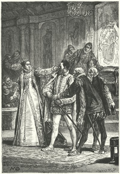 Il conte di Essex minaccia di sguainare la spada dopo che la Regina Elisabetta I lo ha schiaffeggiato per la sua insolenza, 1598 da Diogene Ulysse Napoleon Maillart