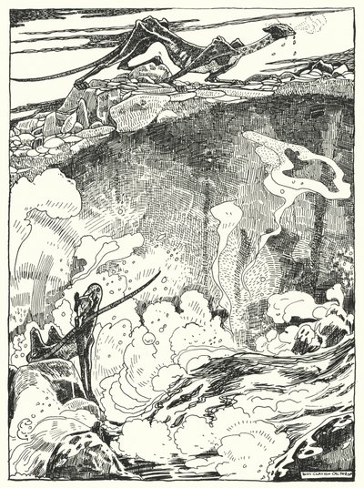 "Abbiamo visto i cuccioli di drago scendere alla piscina per bere e pulirsi" (incisione) da Dion Clayton Calthrop