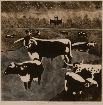 Longhorns a casa, 2017 (collagraph) da Dione Verulam