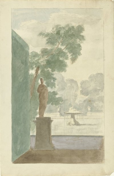 Progetto per una decorazione murale in una sala: Vista di un giardino con statua, fontana e urne da Dionys van Nijmegen (possibly)