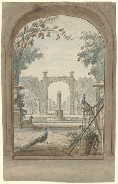 Progetto per una decorazione murale con vista su un giardino, pavoni e attrezzi da giardino da Dionys van Nijmegen (possibly)