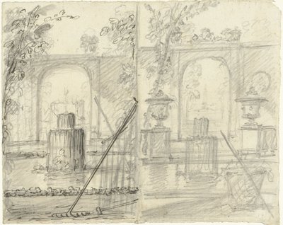 Due progetti per una vista del giardino con fontana e attrezzi da giardino in primo piano da Dionys van Nijmegen (possibly)