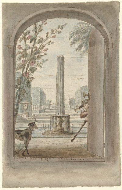 Progetto per una decorazione di una stanza con vista attraverso una porta aperta su un giardino con fontana da Dionys van Nijmegen