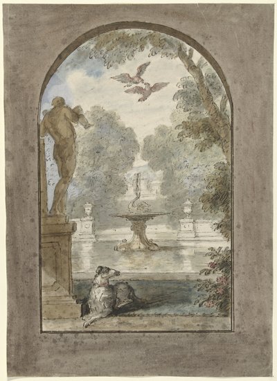 Progetto per una decorazione di una stanza con vista su un giardino con cane sdraiato, fontana e statua da Dionys van Nijmegen