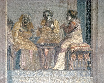 Mosaico romano di scena da una commedia con attori mascherati, Villa di Cicerone, Pompei, II secolo a.C. da Dioscurides of Samos