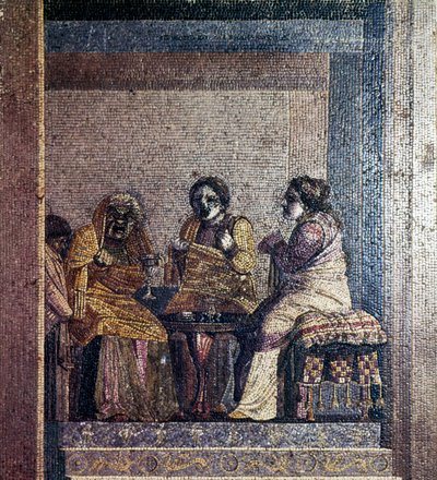 Mosaico romano di scena da una commedia con attori mascherati, Villa di Cicerone, Pompei, c. II secolo a.C. da Dioscurides of Samos