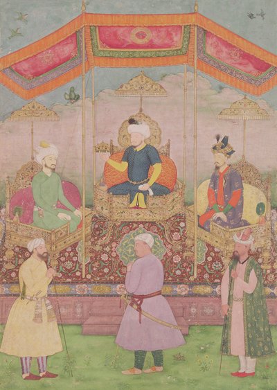 Imperatore Mughal Babur e suo figlio Humayun, miniatura indiana del Rajasthan, XVI secolo da Dip Chand