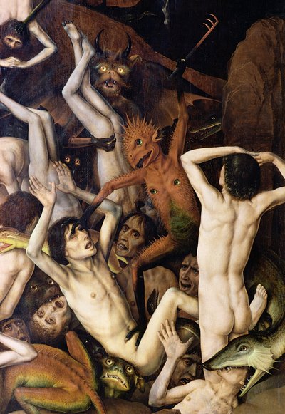 Inferno, (dettaglio) di un demone che colpisce i dannati, c.1450 da Dirck Bouts