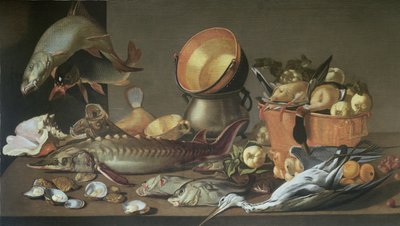 Una Natura Morta con Storione e altri Pesci, Anatre e un Airone da Dirck Govertsz