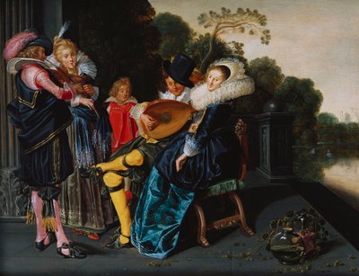 Una festa elegante che fa musica vicino a un lago ornamentale da Dirck Hals