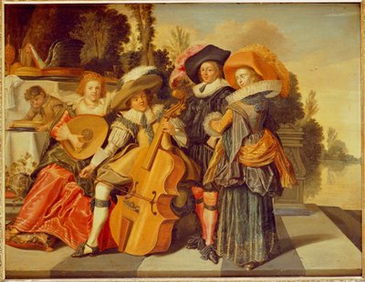 Figure eleganti che fanno musica su una terrazza vicino a un lago da Dirck Hals