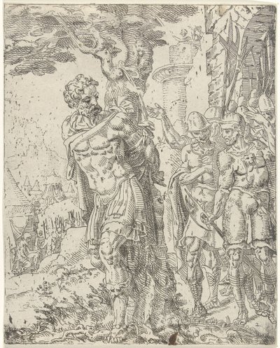 Achior legato a un albero da Dirck Volckertsz. Coornhert (attributed to)