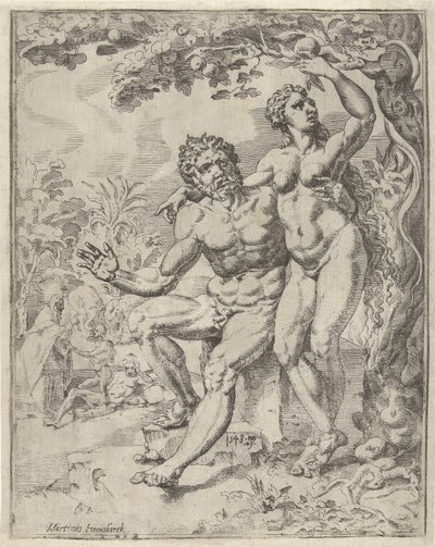 Adamo ed Eva raccolgono il frutto proibito da Dirck Volckertsz. Coornhert (attributed to)
