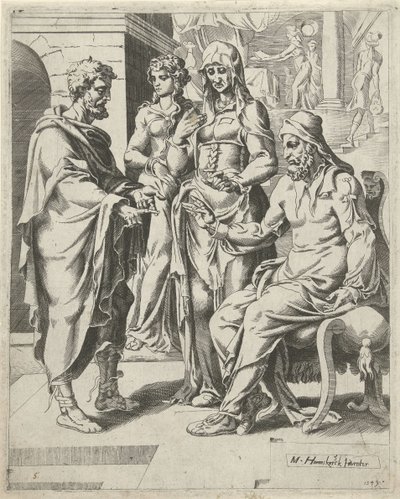 Eliezer racconta a Laban il suo scopo (Isaaks zoektocht naar een vrouw) da Dirck Volckertsz. Coornhert (attributed to)