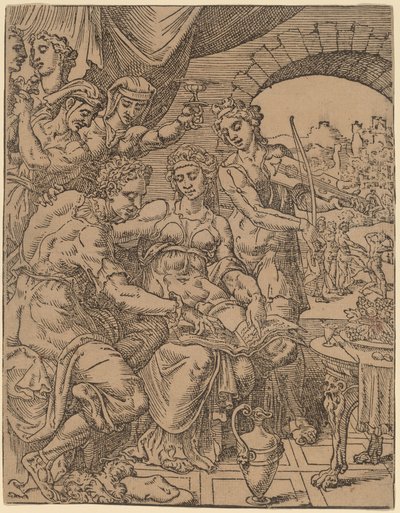 Il figliol prodigo che sperpera la sua eredità con le prostitute da Dirck Volckertz Coornhert after Maerten van Heemskerck