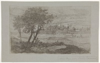 Paesaggio con alberi in primo piano e un aratro nel campo da Dirk Arnoldus Tavenraat