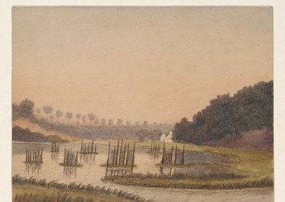 Paesaggio paludoso con un edificio in lontananza da Dirk Arnoldus Tavenraat