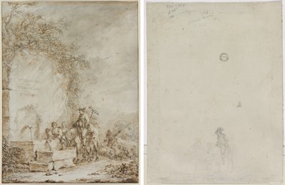 Frontespizio per un album di disegni: contadini a una fontana (recto) Schizzo di contadini a una fontana (verso) da Dirk Langendijk