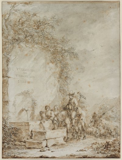 Frontespizio per un Album di Disegni: Contadini a una Fontana, 1784 da Dirk Langendyk