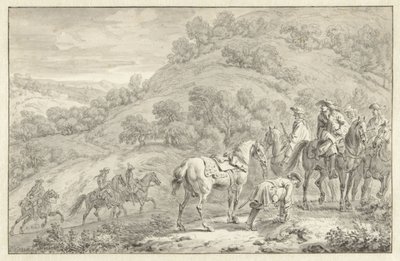 Paesaggio montano con cavaliere smontato e altri cacciatori a cavallo da Dirk Maas