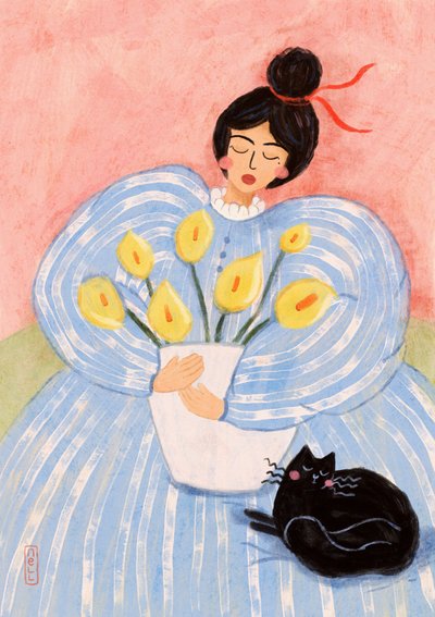 Donna con fiori e gatto da Dirkie Nell