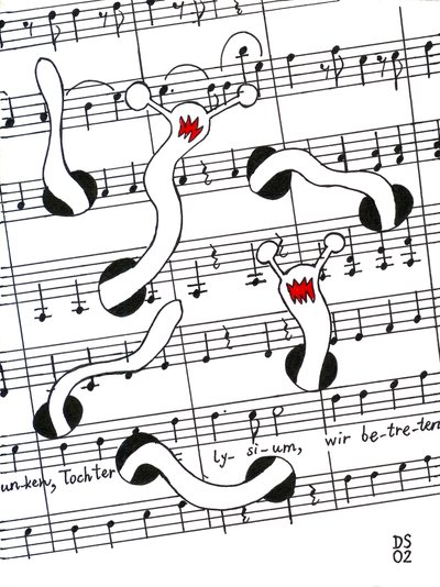 Feast of Joy - disegno di uno spartito musicale con vermi che divorano la pagina da Dmitri Smirnov