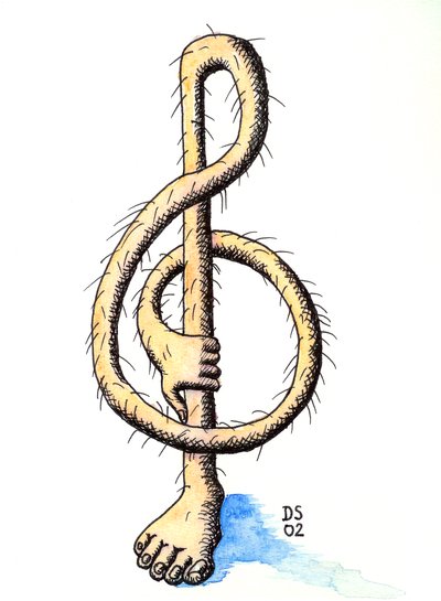 Chiave di violino pelosa - una chiave di violino disegnata come una gamba con una mano che la tiene. da Dmitri Smirnov
