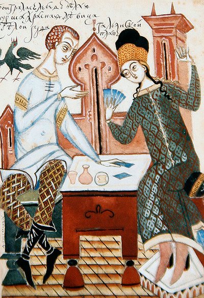 Dipinto da un set di quattro illustrazioni per una poesia sul corteggiamento da Dmitry Stelletsky