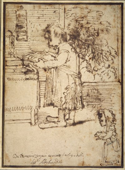 Caricatura del teologo Aldobrandini, con una nana che tiene il suo cane da Domenichino