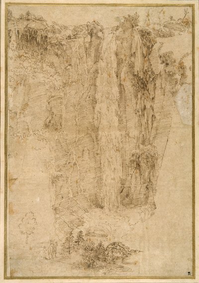 Paesaggio con cascata; ai piedi, due uomini, uno a cavallo da Domenichino