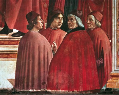 Storie della Vergine Maria: Annunciazione a Zaccaria, dettaglio di Cristoforo Landino, Angelo Poliziano e Marsilio Ficino, c.1485-90 da Domenico Ghirlandaio