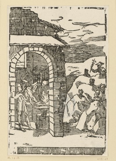 Il richiamo dei metalli. Efesto (Vulcano) e uno studioso sono in piedi davanti al fuoco di una fucina, mentre fuori, nascosti tra le rocce, si trovano gli dei (che rappresentano i metalli): Saturno (piombo), Giove (stagno), Venere (rame), Luna (argento), M da Domenico Beccafumi