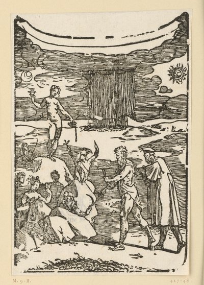 La scoperta dei metalli. Efesto (Vulcano) con il martello da minatore e il suo aiutante cercano i metalli. Dall
