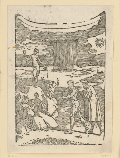 La scoperta dei metalli. Efesto (Vulcano) con il martello da minatore e il suo aiutante cercano i metalli. Dall