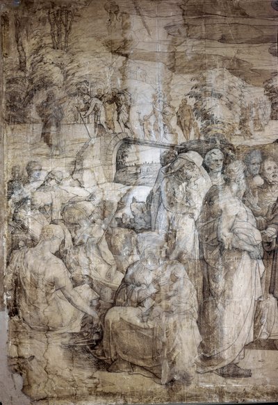 Storia di Mosè sul Monte Sinai: gli Ebrei attendono il ritorno di Mosè. Disegno preparatorio per il pavimento del Duomo di Siena da Domenico Beccafumi