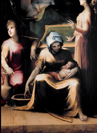 La nascita della Vergine. Dettaglio che mostra una domestica con il neonato da Domenico Beccafumi