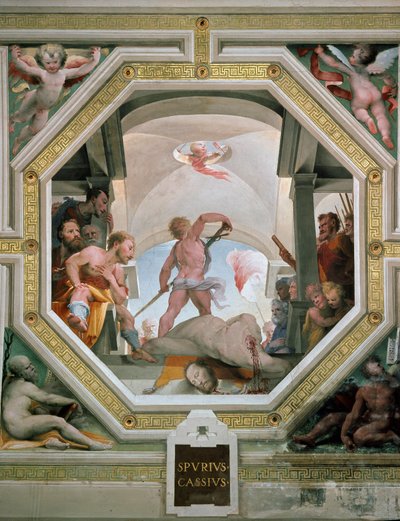La decapitazione di Spurio Cassio Vecellino o Viscellino eseguita dal padre per aver considerato di diventare re nel 485 a.C. Affresco di Domenico di Giacomo di Pace detto Beccafumi (1486-1551) 1529-1535 Siena, Palazzo Pubblico da Domenico Beccafumi