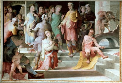 Il sacrificio di Seleuco di Locri. Seleuco acceca suo figlio per punirlo di uno stupro commesso, preferendo perdere un occhio. Affresco di Domenico di Giacomo di Pace detto Beccafumi (1486-1551) 1529-1535 Siena, Palazzo Pubblico da Domenico Beccafumi